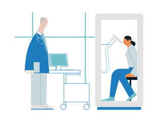 Fototapeta premium Male Medical Specialist and Female Patient Performs Whole Body Plethysmography in Medical Office or Laboratory. Modern Flat Vector Concept Illustration. 