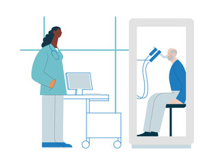 Dark Skin Tone Medical Specialist and Male Patient Performs Whole Body Plethysmography in Medical Office or Laboratory. Modern Flat Vector Concept Illustration. Website Banner, Landing Page Template