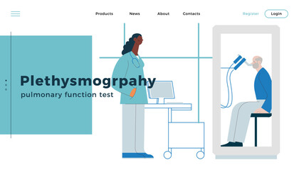 Dark Skin Tone Medical Specialist and Male Patient Performs Whole Body Plethysmography in Medical Office or Laboratory. Modern Flat Vector Concept Illustration. Website Banner, Landing Page Template