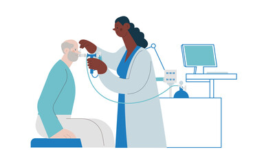 Dark Skin Tone Medical Specialist Performing Spirometry on Patient in Medical Office or Laboratory. Modern Flat Vector Concept Illustration. Respiratory Diseases. 