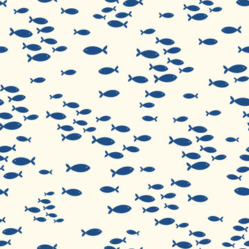 Seamless vector repeat pattern with tiny navy fish schools groups swimming on cream background. Coastal, swim, poolside, tropical backdrop with ditsy dark navy blue fish