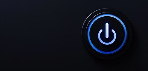 a black power button with a blue light on and a black background