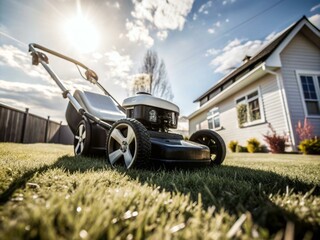 Fototapeta premium A lawn mower is stands on a lawn in front of a house