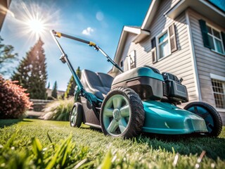 Fototapeta premium A lawn mower is stands on a lawn in front of a house