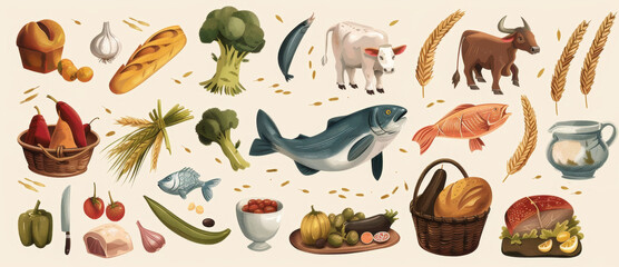 Illustration. Healthy food products on a beige background. Proteins, fats and carbohydrates