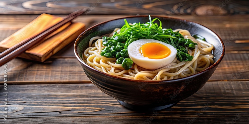 Wall mural Bowl of delicious ramen noodles topped with a perfectly cooked egg, seaweed, and fresh green onions, ramen