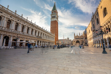 Venice, Italy - June 03, 2024: Cityscape view to Piazza San Marco. Medium cloudy sky. Long exposure...