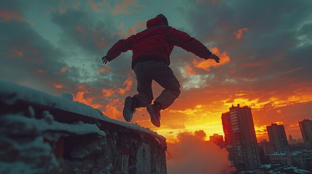 Thrilling rooftop parkour chase, with a hero leaping between buildings in a daring escape.