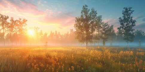 Naklejka premium Sunrise Through the Foggy Forest