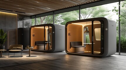 Modern office lounge area with two private soundproof meeting pods featuring sleek interiors, ambient lighting, and large windows overlooking greenery.