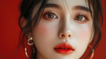 A social media user showcasing a makeup look with a simple and clean background