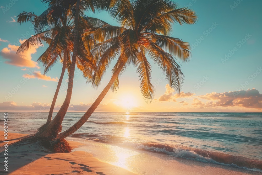 Wall mural Palm Trees Silhouette at Sunset on a Tropical Beach