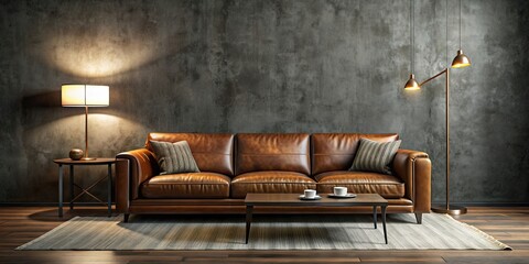 Modern interior with brown leather sofa against the wall