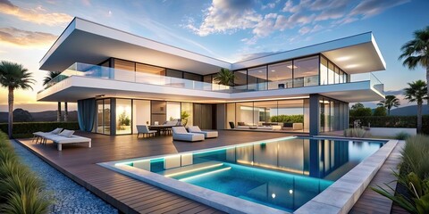Fototapeta premium Futuristic luxury villa with pools and terraces , futuristic, luxury, villa, pools, terraces,, architecture, modern