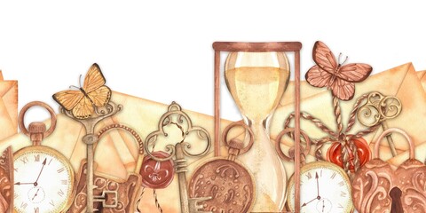 Design seamless border with vintage keys, padlocks, pocket watches, hourglass, envelopes and butterflies. Hand-drawn watercolor illustration. For greeting cards, invitations, covers.