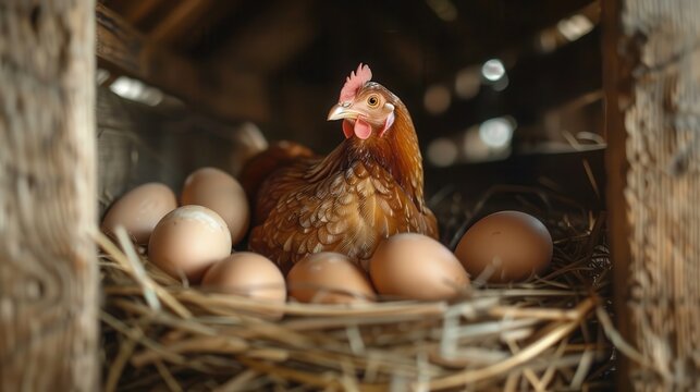 Serene hen laying eggs in a rustic nest inside a charming chicken coop for farm