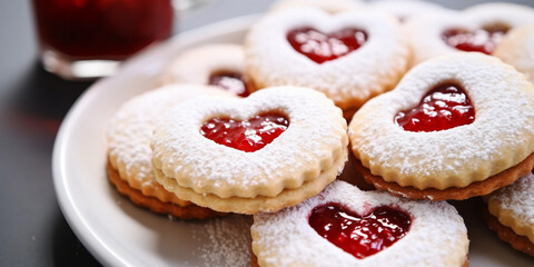 Heart-shaped jam Cookies with on a White Plate
