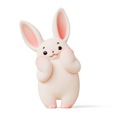Simple fat cute kawaii fluffy cartoon easter bunny with eyebrows, pink ears, cheeks, soft paws stands in shy pose touching cheeks with palms, happy facial expression. 3d render isolated white backdrop