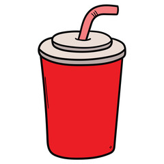Hand drawn cartoon red disposable plastic cup with straw on white background.