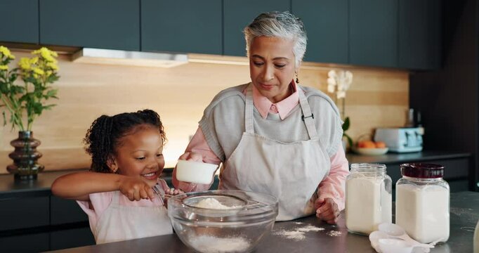 Child, grandmother and baking or teaching in house, bonding and helping for culinary skills in family kitchen. Happy, education and cookies ingredients on table, sifting flour and girl development