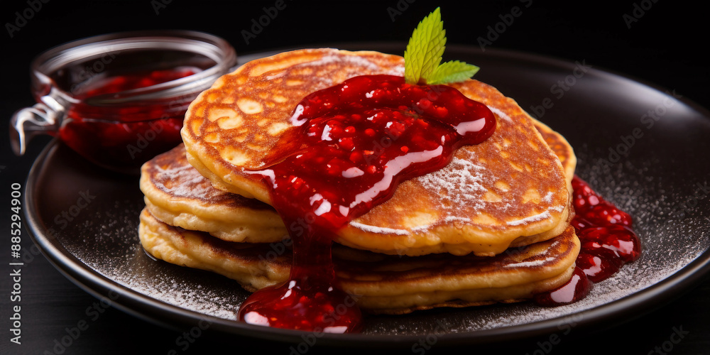 Wall mural pancakes with red jam on a black plate