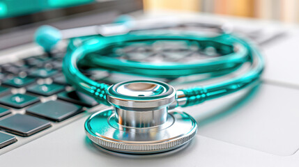 Close-up of a stethoscope on a laptop keyboard, symbolizing healthcare technology integration and medical digital advancements.