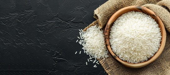  bowl of rice on a burlap sack and textured black background