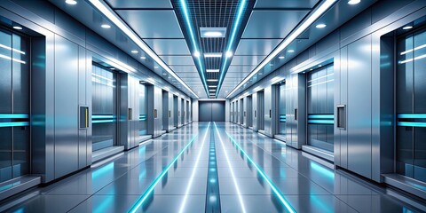Naklejka premium Modern corridor with futuristic design and sleek lighting, render, modern, corridor, hallway, futuristic, design