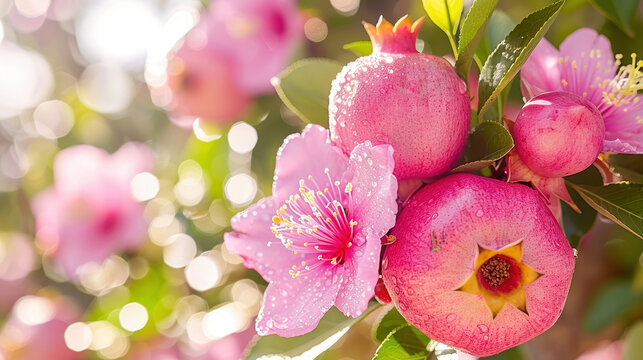 Close-up of vibrant pink flowers and ripe pomegranates with water droplets on a sunny day in a blurred garden background.
