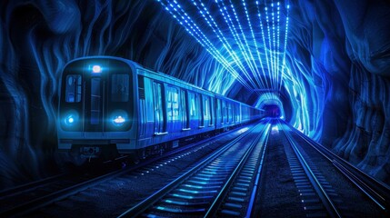 Naklejka premium A futuristic subway train illuminated by blue LED lights travels through a modern underground tunnel at night.