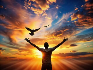 Serene silhouette of outstretched arms embracing freedom, symbolizing hope and spirituality, set against a vibrant warm sunset sky with a bird in flight.