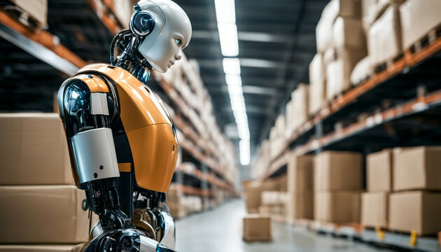Logistik - Roboter in einem riesigen Lagerhaus. Beeindruckende Aufnahme f&uuml;r Industrie-, Technologie- und Logistikkonzepte. Perfekt f&uuml;r Nahaufnahmen und Detailansichten.