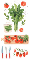 Illustration. Arugula leaves, tomatoes on a white background.