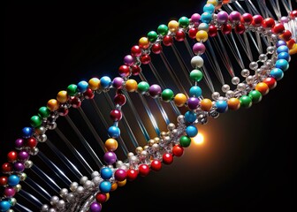 A colorful, intricate, double helix DNA model made of metal rods and balls, illuminated by soft, white light, against a pure black background.