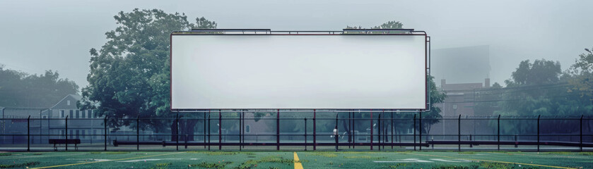 Blank banner on school sports field fence, perfect for educational events.