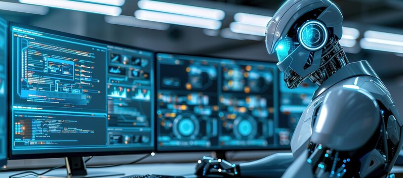  illustration of a sophisticated robot with blue eyes working in the workroom