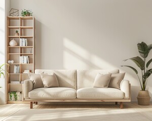 Mockup of white sofa in living room interior with natural wooden furniture and trendy home accessories on beige background.