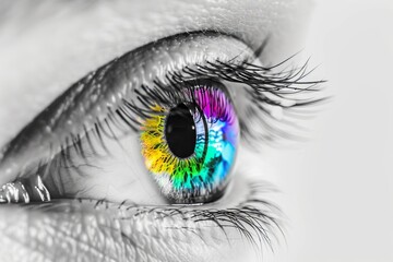 An isolated silhouette of a woman with her black-and-white iris arcing in the sky, concept of vision and colors, female fiery LGBT love.