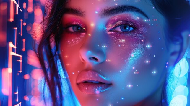 A beauty blogger demonstrating makeup trends with a futuristic digital background