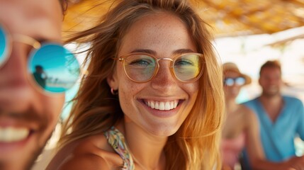 A joyful woman in glasses basks in the summer beach vibes, enjoying the carefree, sunlit ambiance with friends in the background, capturing warmth and happiness.