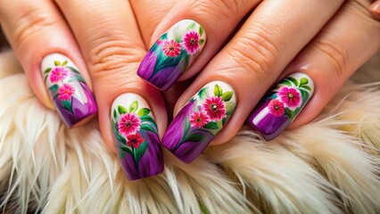 Vibrant gel polish nail art featuring flowers in fur-inspired colors, expertly painted using workshop technique, on a beautifully manicured hand with copy space.