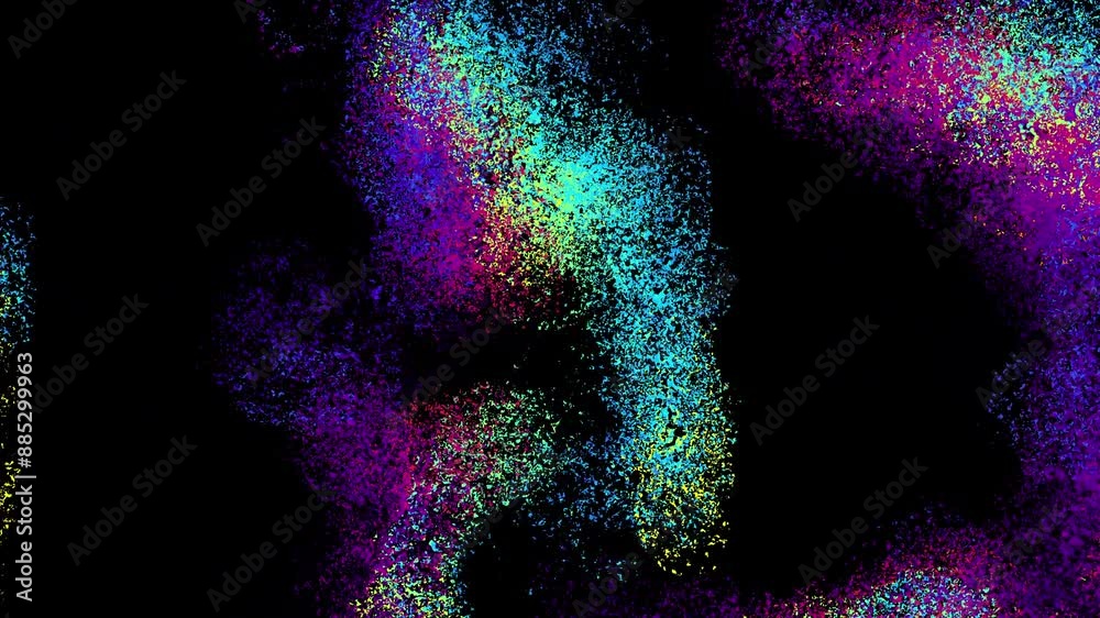 Poster Seamless colorful abstract background with rough grain for loop playback. Dynamic bright splash with grainy grains on black abstract background