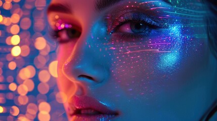 A beauty blogger demonstrating makeup trends with a futuristic digital background