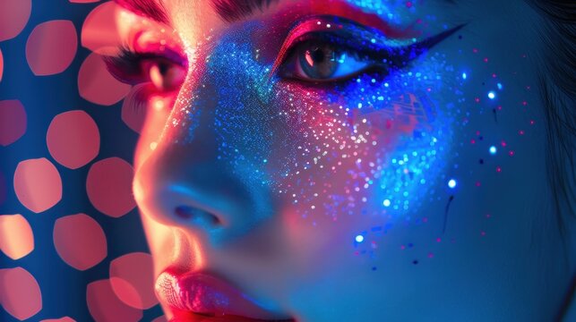 A beauty blogger demonstrating makeup trends with a futuristic digital background