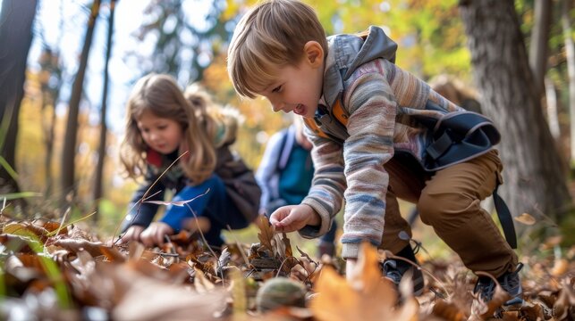 Children exploring a nature trail, collecting leaves and rocks, and enjoying the adventure