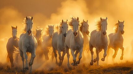 A herd of white horses galloping, dynamic action shot, dust clouds, sandy ground, no background, isolated scene, photorealistic, high detail, motion blur, strong sunlight.