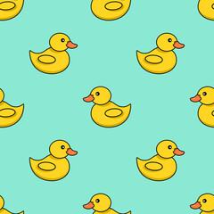 Seamless pattern with small yellow ducks on blue background.