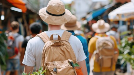 Tourists wearing backpacks and sun hats exploring a lively market filled with colorful stalls and bustling with activity, highlighting travel and cultural exploration.