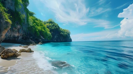 Stunning Tropical Beach with Turquoise Ocean and Lush Cliffs