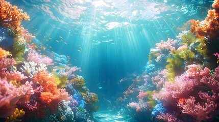 A majestic underwater coral reef with beams of sunlight penetrating the crystal-clear water, creating a mesmerizing and tranquil atmosphere.